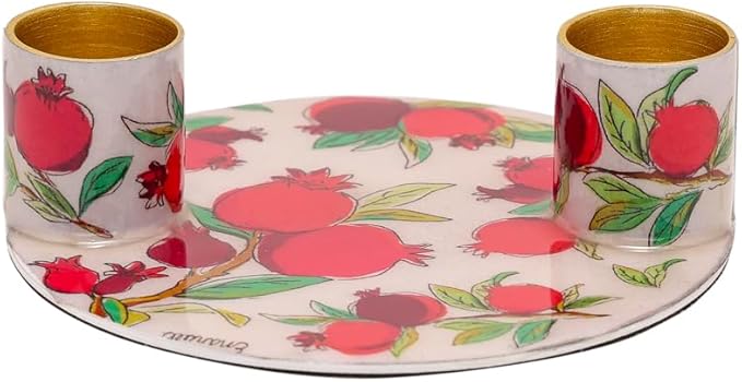 Yair Emanuel Flat Plate Candle Holders for Shabbat 4 Inch Vibrant Pattern Design Modern Judaica Gift (CSE-1 Pomegranates)