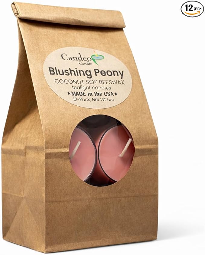 Blushing Peony Scented - 12 Pack - Scented Tealight Candles - Soy Beeswax Blend - Handmade in The USA - Candeo Candle - Floral and Spring Scents