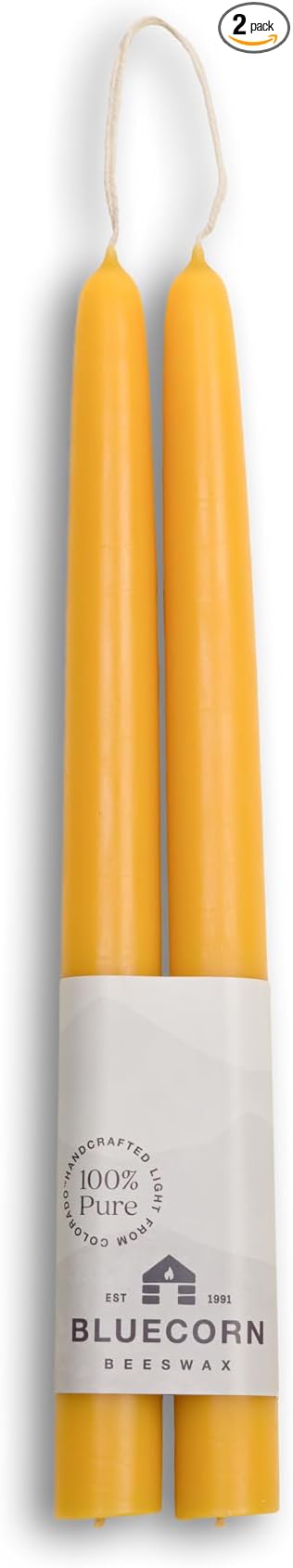Bluecorn Beeswax Taper Candles, 100% Pure Natural Bees Wax, Pair of 10 Inch Yellow Tapered Candlesticks, Clean Burning & Dripless, Fragrance Free, Long Lasting, Home Decor, American Made, 1 Count