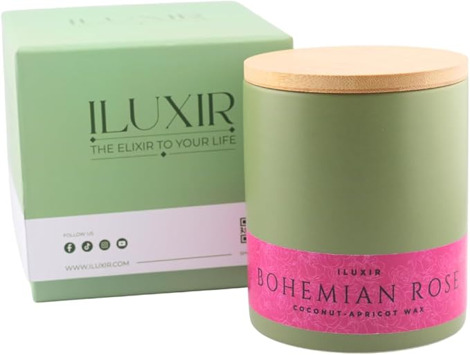 Bohemian Rose Scented Candle - Fresh Rose Magnolia Patchouli - Natural Coconut Wax - Long-Lasting Eco-Friendly Non-Toxic Aroma for Home Office Relaxation Gifting Décor (13 oz. with Bamboo Lid)