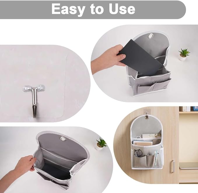 2 Pack Wall Hanging Storage Bag with Pockets, Locker Organizer Basket with Sticky Hook, Fabric Wall Organizer, Waterproof Hanging Bag for Closet Door Bedroom Bathroom Office Home Kitchen(Grey)