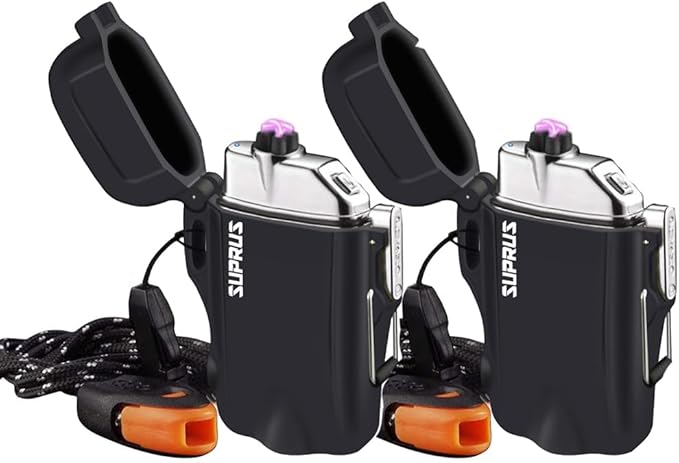 SUPRUS Waterproof 3 Modes of Flashlight Windproof Lighter Dual Arc Electric Rechargeable Dual Arc Plasma Lighters with Survival Emergency Whistle and Lanyard (Black,2 Packs)