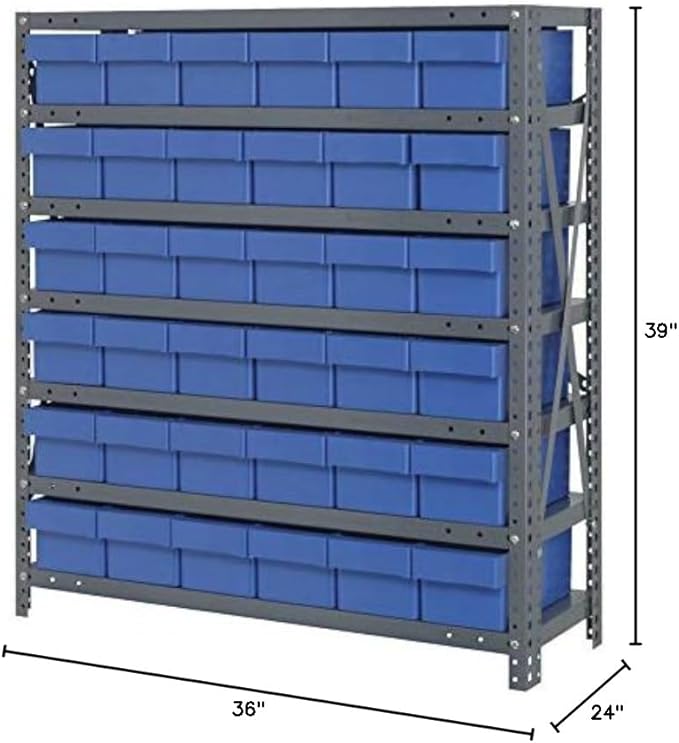 Quantum Storage Systems 2439-603BL Solid Heavy Duty 7 Shelves 36 Super Tuff Euro Blue Bins 39" H x 36" W x 24" D