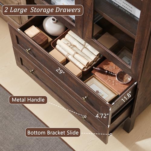 IFBUY 71" Tall Arched Bookshelf, 4-Tier Bookcase with Glass Doors and Shelves, Wooden Display Cabinet w/2 Large Storage Drawers, Modern Farmhouse Versatile Bookshelf for Living Room, Bedroom, Brown