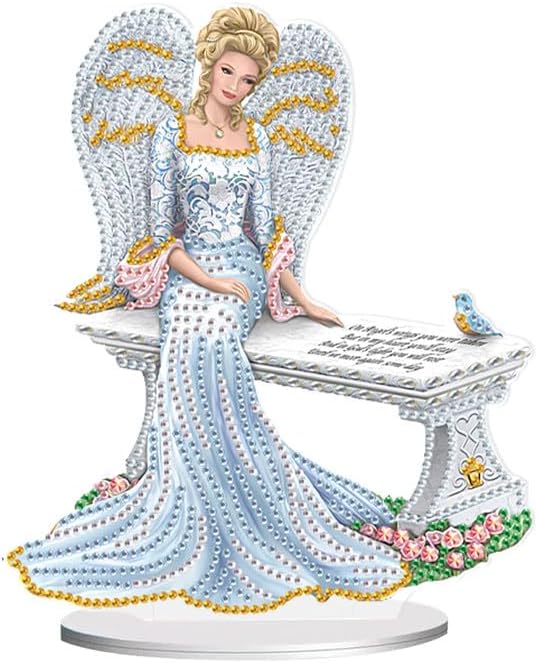 antor DIY Diamond Art Painting Desktop Ornament Kit, Acrylic Tabletop Diamond Art Decoration, Special Shape Crystal Diamond Painting Ornaments for Adult Beginner, Angel Figurine Sitting on Bench