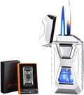 Voice Activated Windproof Dual Flame Lighter, USB Rechargeable Arc Lighter,Jet Flame and Soft Flame, Visible Transparent Window, Refillable Butane Lighter, Cool Lighters Gift for Men(Silver)