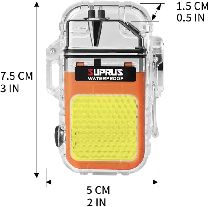 SUPRUS Waterproof 3 Modes of Flashlight Windproof Lighter Dual Arc Electric Rechargeable Dual Arc Plasma Lighter with Survival Emergency Whistle and Lanyard (Orange, 2Packs)