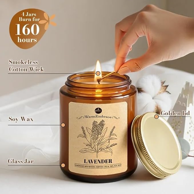 WarmEmbrace Lavender Candles, 4-Pack Scented Candle Set for Women, 7.6 oz Natural Organic Soy Wax in Glass Jar, 160 Hours Long-Lasting Burn, Perfect for Christmas Friend Birthday Gifting (4 Fragrance)