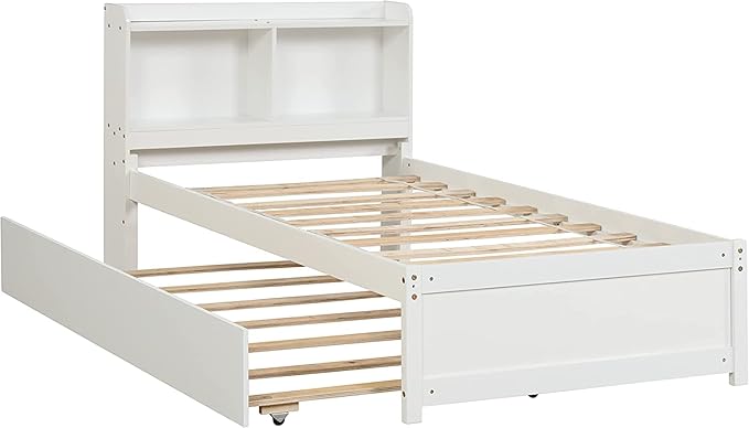 Harper & Bright Designs Twin Bed with Trundle, Twin Bed Frame with Bookcase Headboard, Wood Twin Platform Bed with Pull Out Trundle Bed for Kids Girls Boys,No Box Spring Needed,White