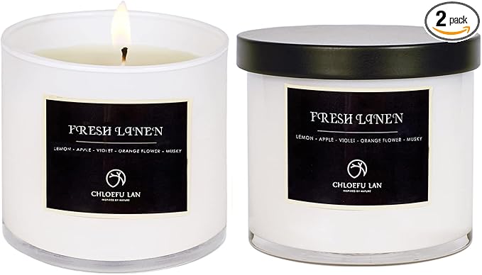 Chloefu LAN Fresh Linen Candles Laundry Candles Non-Toxic Air Freshening Scented Candle Decorative Pet Odor Eliminator for Home Luxury Scented Soy Jar Candle for Bathroom Decor 7.1 oz 2 Pack