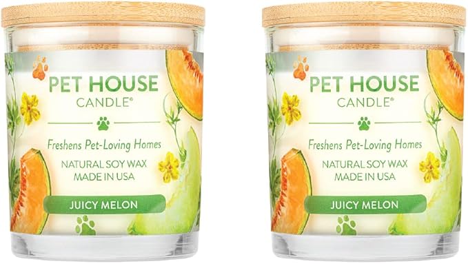 Pet House Candles, Natural Plant-Based, Long Lasting Candles for Pet Odor, 60 Hour Burn Time - Juicy Melon, 9 oz, 2 Pack