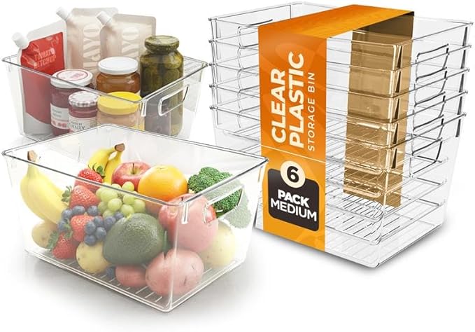 Utopia Kitchen Clear Organizer or Storage Bins - 6 Pack Pantry Organizers and Storage Bins - Large Durable Storage Containers With Handles for Organizing Fridge, Kitchen Organization