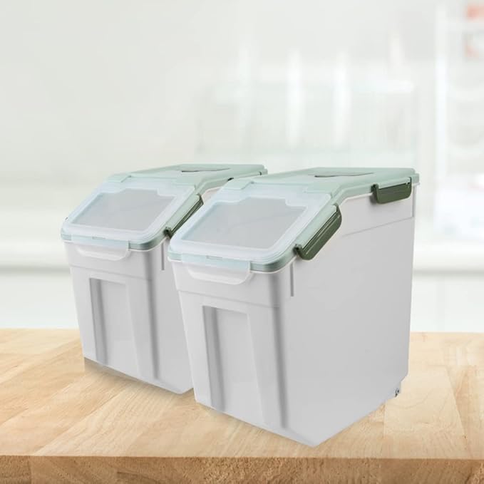 Large Flour Storage Container Bin 25lb, 4Pack Airtight Rice Storage Containers with Wheels Seal Locking Lid, BPA Free with Measuring Cup&Scoop for Flour, Rice, Grain(Green)