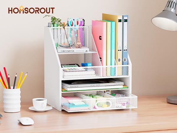 Homsorout Wooden Desk Organizer - Mesh File Organizer with Drawers and Pen Holder - 4-Tier Vertical Paper Letter Storage Tray, Desktop Organizers and Accessories for Home Office （White