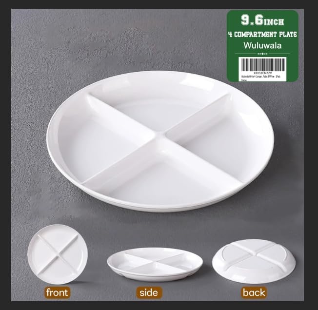 White 4 Compartment Divided Plates Snacks Tray Dinner Plate,Food Grade Fruit Plates BPA Free - 1Pack