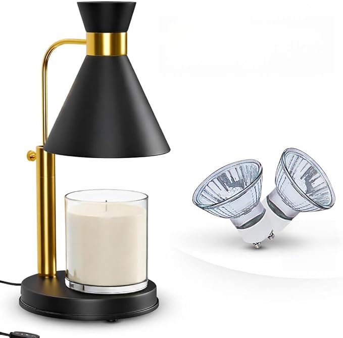 Candle Warmer Lamp with Timer & Dimmer, Adjustable Height and Brightness. Black & Gold Modern Wax Warmer for a Flameless, Cozy Home, an Elegant Birthday or Housewarming Gift for Women, Moms, and Men