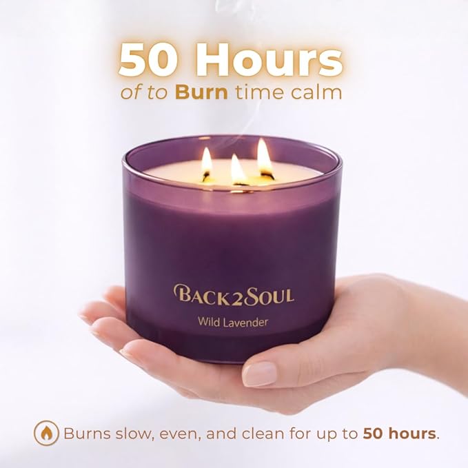 Non Toxic Candles 13.4 oz 50 Hours Burn Time, Scented Soy Candles, Clean Burning, Safe Non Toxic Design (Wild Lavender)