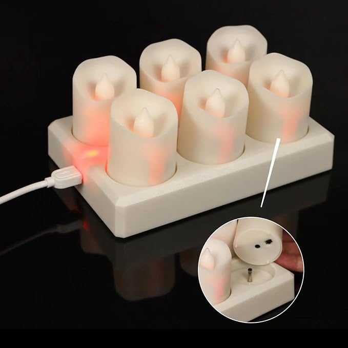 6pcs LED Tea Lights Rechargeable with Charging Base and USB Cable, Flameless Votive Candles Flickering with Remote and Timer, Electric Fake Candles Warm White