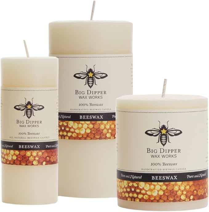 Big Dipper Wax Works Ivory Beeswax Pillar Candle 3" x 3.5" – 60-Hour Burn, Non-Toxic & Clean Burning, Pure Beeswax, Handmade in USA