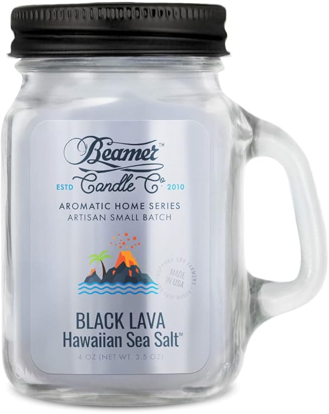Beamer Candle Co. - Black Lava Hawaiian Sea Salt – Ocean Breeze & Mineral Sea Salt Scent - Odor Eliminating - High Fragrance - Small 4oz Mason Jar - 22 Hour Burn Time