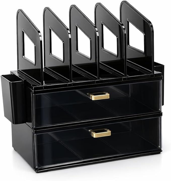 CiWiVOKi Desk Organizer with 4 File Holder Slots, 2 Clear Drawers & Dual Pen Holders, Multi-Functional Office Supplies Desktop Storage for Home Office, Space-Saving Mail Sorter & Caddy, Black