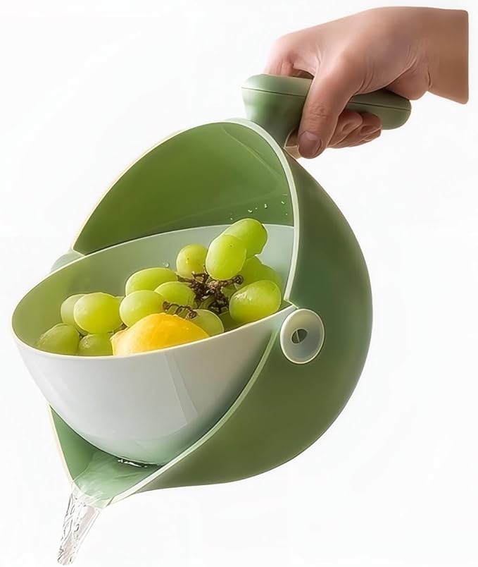 2-1 Kitchen Colander Rotating Washing Basket with Handle - Pasta Strainer - Fruit Washing Bowl with Strainer - Fruit Rinser Container (Avocado Green)