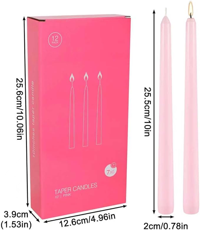 12Pack 10 Inch Pink Taper Candles, Unscented,Smokeless and Dripless Candlestickst,8 Hours Long Burn Time Candle for Valentine's Day,Wedding, Part, Shabbat and Household,Home Décor