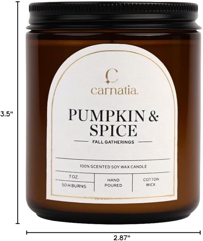 Carnatia Pumpkin & Spice Scented Candle – 7 oz | 100% Soy Wax with Cotton Wick | 50 Hour Burn | Aromatherapy Candle for Home, Cozy Fall Ambience & Relaxation | Gift for Women & Men