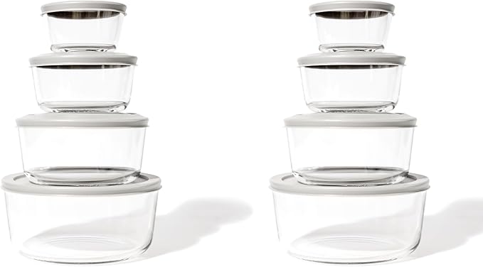 DURA LIVING 16-Piece Glass Food Storage Containers Set (8 Containers + 8 Lids) | Round, Nesting, Microwave & Dishwasher Safe | BPA-Free, Space-Saving | Grey Lids for Pantry & Kitchen Organization