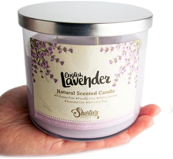 English Lavender Highly Scented Natural 3 Wick Candle, Essential Fragrance Oils, 100% Soy, Phthalate & Paraben Free, Clean Burning, 14.5 Oz.