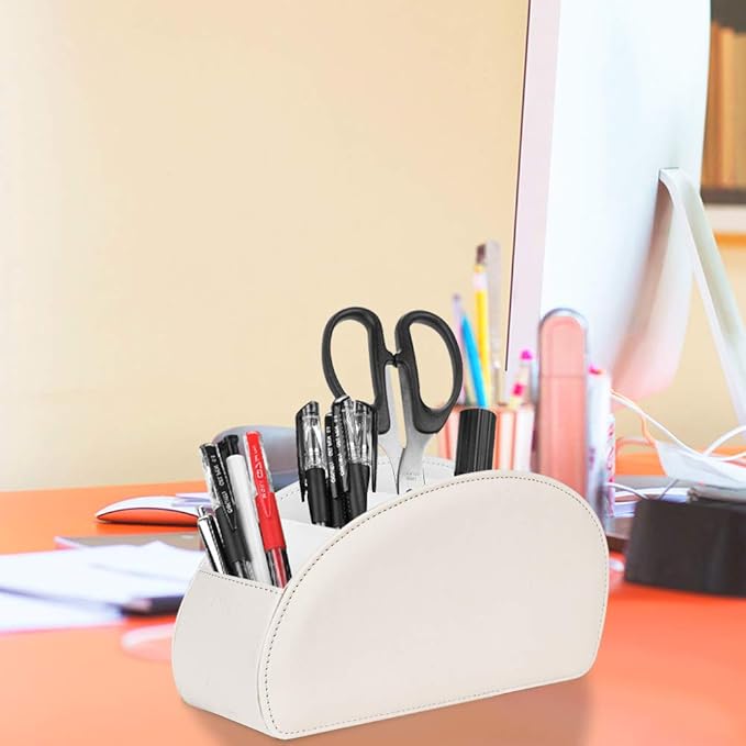 SITHON Remote Control Holder with 5 Compartments - PU Leather Remote Caddy Desktop Organizer Store TV, DVD, Blu-Ray, Media Player, Heater Controllers, Beige