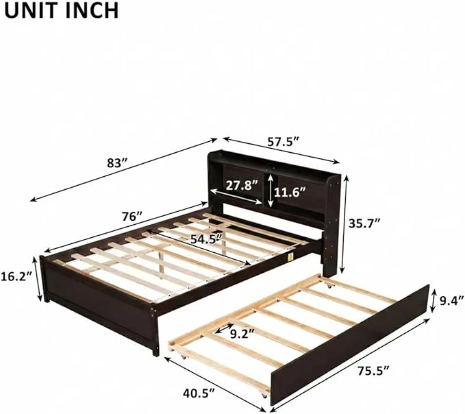 Harper & Bright Designs Full Size Bed Frame with Bookcase Headboard, Wooden Full Size Platform Bed with Trundle and Storage for Kids Girls Boys, No Box Spring Needed, Easy Assembly, Espresso