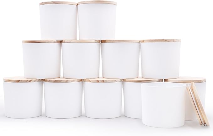 SHOWIN 12 OZ Thick Candle Jars for Making Candles 12 Pcs, Empty Jars with Wood Lids for Spice Jars, Sample Container, Matte White