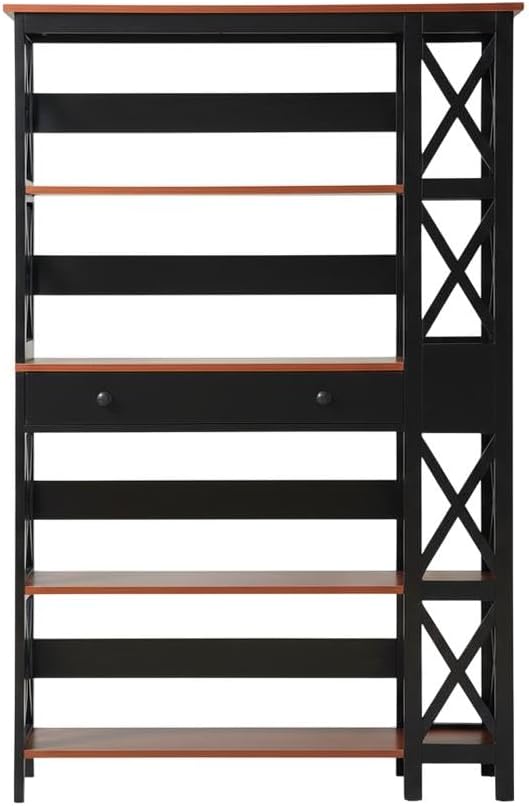 Furnifact Cherry Black 5 Tier Bookcase with Drawer, Durable Particle Board, Melamine Finish, Non Lead Base Paint, Stylish Home Office Storage Solution