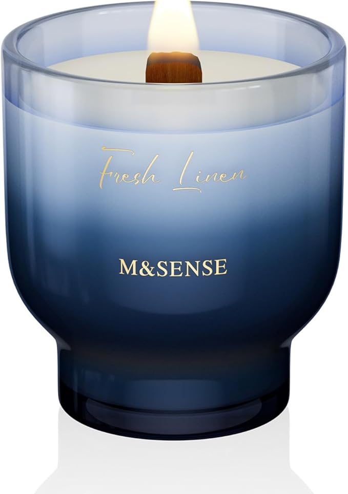 M&SENSE 9.88oz Natural Soy Wax Jar Candle with Wooden Wick | Fresh Linen Scent | 55-Hour Burn & Long-Lasting Burn | Housewarming Gift for Men and Women