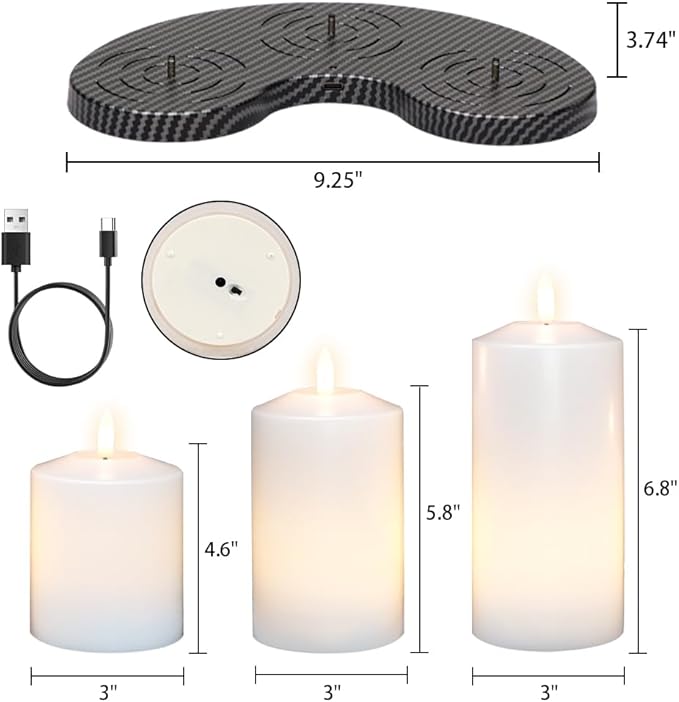 GenSwin Rechargeable Flameless Candles Battery Operated with Remote Timer, Set of 3 LED Pillar Candles with 3D Flickering Wick, Remote White Candle for Party/Wedding/Home Decor(D3x H4.6”5.8”6.8”)