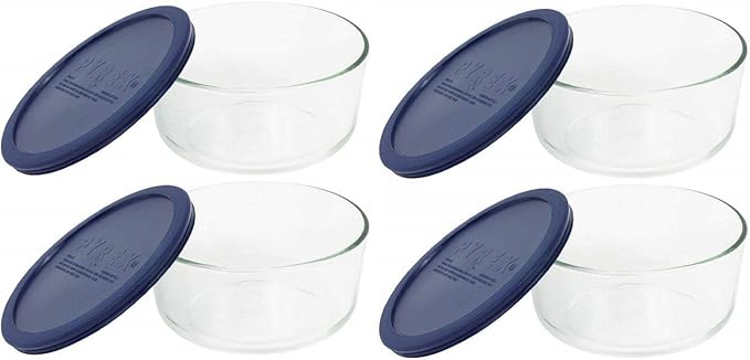 Pyrex 7201 4-Cup Glass Bowl & 7201-PC Dark Blue Lid (4-Pack) - Made in USA