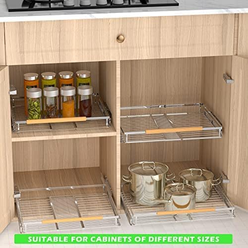 Expandable Pull Out Drawer Cabinet Organizers, Heavy Duty Slide Out Storage Shelf for Home Kitchen Pantry Cupboard Pots Pans, Adjustable Width from 12.1"~18.4", Stainless Steel 1 Pack