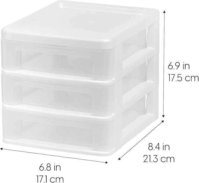 IRIS USA Plastic Stacking Desk Top 3-Drawer Storage Organizer, 2-Pack, for Makeup Vanity Nail Polish Bathroom Stationery Art Craft Supplies Kitchen Office Garage and Small Organization, Small, White