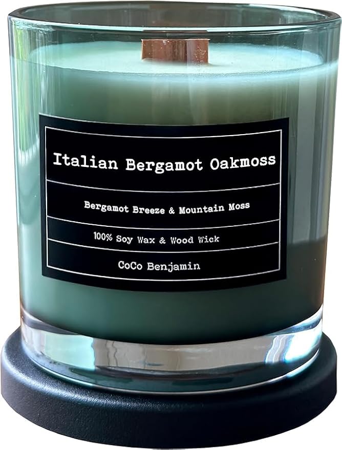 100% Soy, Highly Scented, Hand Poured Soy Candle (Italian Bergamot Oakmoss (Wooden Wick))