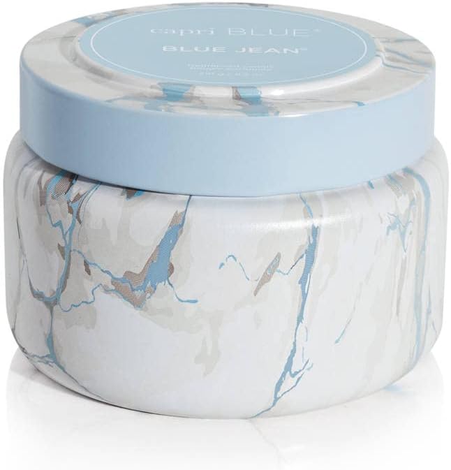 Capri Blue Modern Marble Printed Travel Tin Jar Candles - Luxury Decorative Candles for Home Scented - Long Lasting Soy Wax Blend - Blue Jean (8.5 oz)