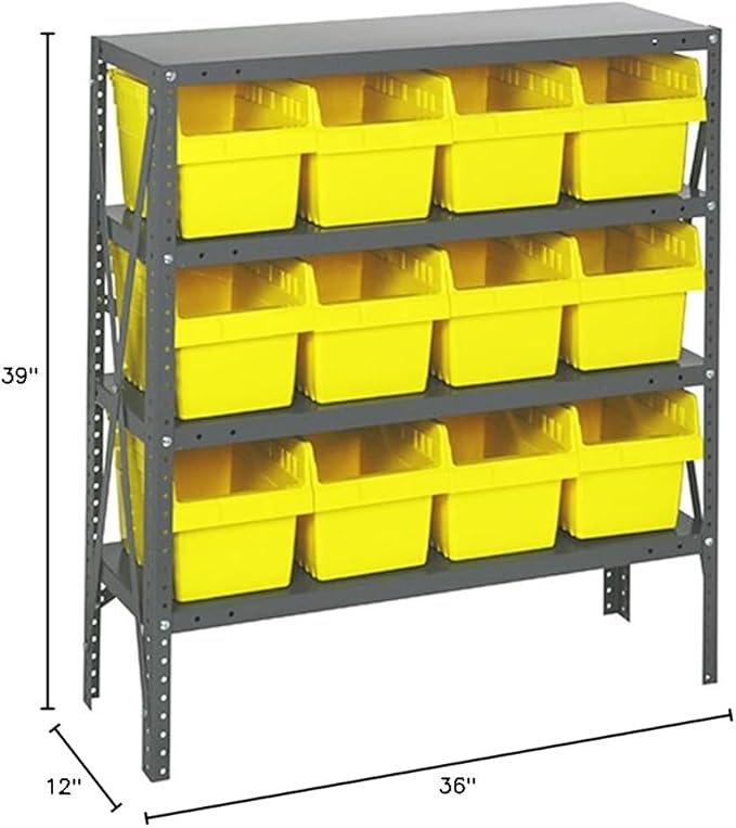 Quantum 1239-SB807YL Heavy Duty Shelving Unit with (4) Shelves and (12) QSB807 Yellow Bins for Warehouse Storage Distribution | 400 lbs Capacity per Shelf | 12"D x 36"L x 39"H, Galvanized Steel Finish