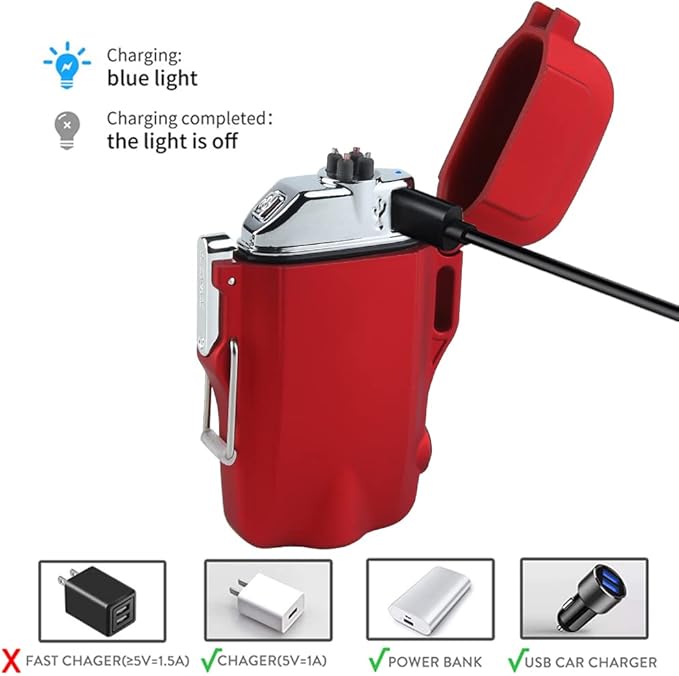 SUPRUS Waterproof 3 Modes of Flashlight Windproof Lighter Dual Arc Electric Rechargeable Dual Arc Plasma Lighters with Survival Emergency Whistle and Lanyard