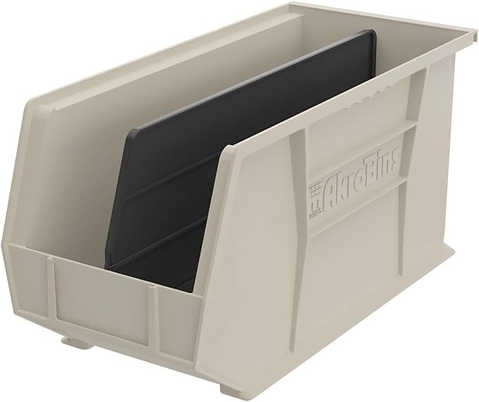 Akro-Mils 30265 AkroBins Plastic Storage Bins, Space-Saving Stackable Bins for Garage, Pantry, Craft Organization, 18-Inch x 8.25-Inch x 9-Inch, Stone, 6-Pack