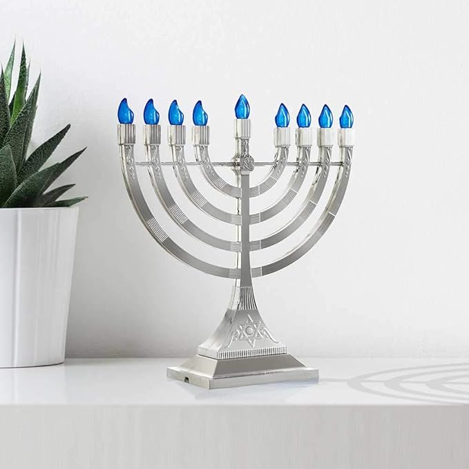 Zion Judaica 12" LED Chanukah Menorah with Flame Shaped LED Bulbs Electric Menorah USB Powered or Batteries Electronic Minorah - 4' Cable Included Hanukkah Battery Menorahs Silver