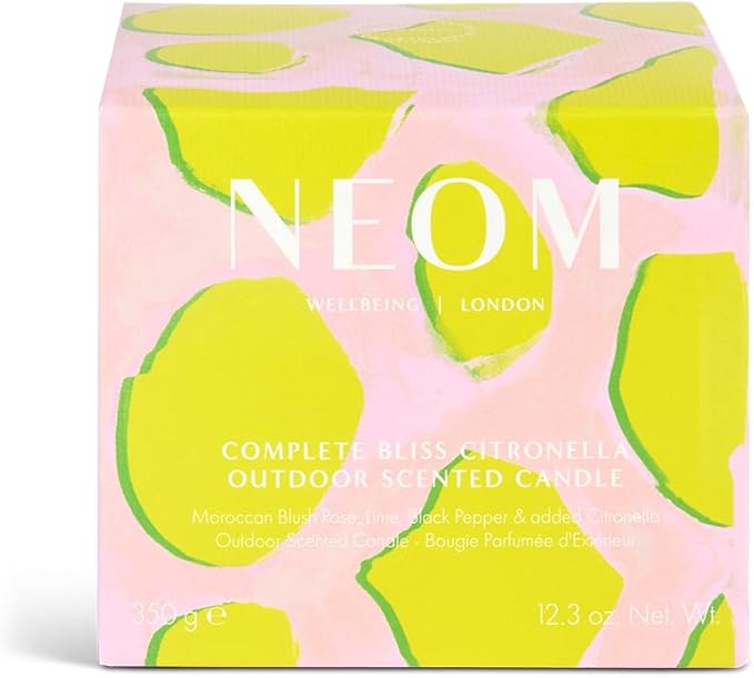 NEOM- Complete Bliss Citronella Outdoor Candle | 1 Wick I 100% Natural Wax I Hand-Finished I Moroccan Blush Rose, Lime, Black Pepper and Added Citronella