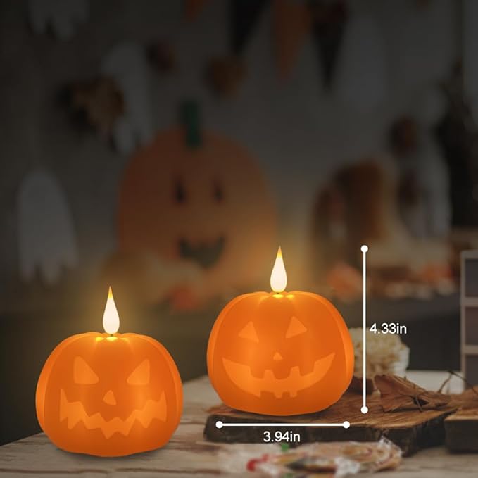 Rechargeable Flameless Candle, Flameless Pumpkin Candle with Timer & Remote,LED Real Wax Pumpkin LED Candles,Halloween Decorations, 1 Set of 2