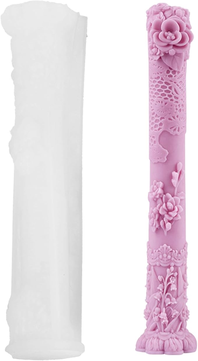 Vintage Long Pillar Candle Mold, Intricate Floral Design Silicone Mold for DIY Candle Making Plaster Polymer Clay Home Decoration