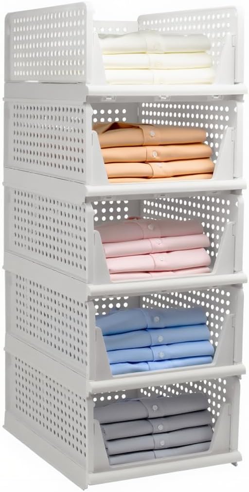 Goderewild 5 Pack Stackable Foldable Storage Baskets - Folding Storage Bins, Multifunctional Closet Organizers for Wardrobe, Cupboard - Space-Saving Clothes Storage Hat Organizer (White, 5L)