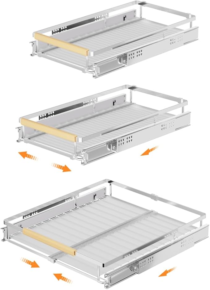 Cabinet Pull Out Shelf, Expandable Bottom-Mounted Slide Out Storage Shelves, Pots and Pans Organizer Under Sink Storage Organizer, 10.16''-16.36''W x 17.3''D, 3 Pack